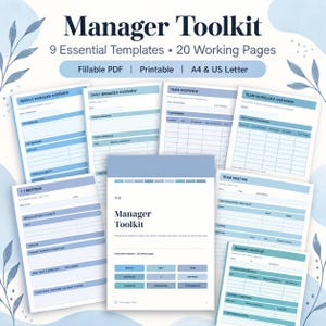 Puede incluir: Un conjunto de documentos digitales Manager Toolkit que incluye 9 plantillas esenciales y 20 páginas de trabajo en tonos azul y blanco. Las páginas incluyen encabezados para resúmenes semanales, diarios, de equipo, reuniones y tareas.