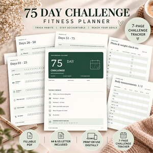 Op de afbeelding: Een 7-pagina tellende 75 Day Challenge fitnessplanner in PDF-formaat, met een donkergroene voorpagina, een dagelijkse checklist, gewoonte-trackers voor dag 01-75, foto- en gewichts-check-ins en een logboek voor lichaamsmaten in A4 en US Letter.