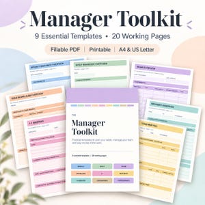 May include: A Manager Toolkit digital document set featuring 9 essential templates and 20 working pages. The cover page displays the title Manager Toolkit, with colourful rectangular buttons for weekly, daily, team, workload, 1:1, meetings, handover, onboarding, and performance.