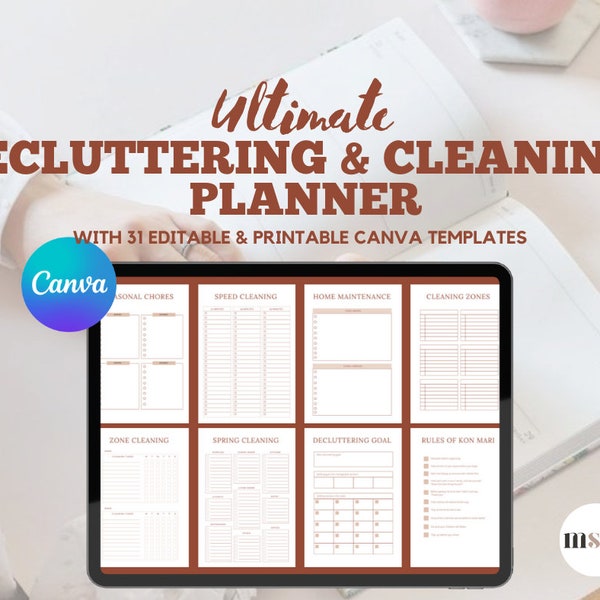 Decluttering & Cleaning Planner | 31 Editable and Printable Canva Templates| Organization tools| Minimalist planner design