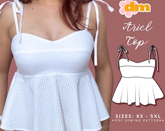 Patrón de costura de top peplum para mujer, con espalda elastica, volado circular y tirantes ajustables. XS-5XL. Patrón digital. Top Ariel.