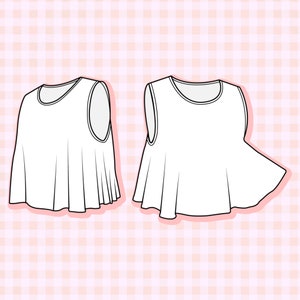 May include: Two sleeveless white tops with a round neckline and a flared hem. The tops are shown against a pink and white gingham background.
