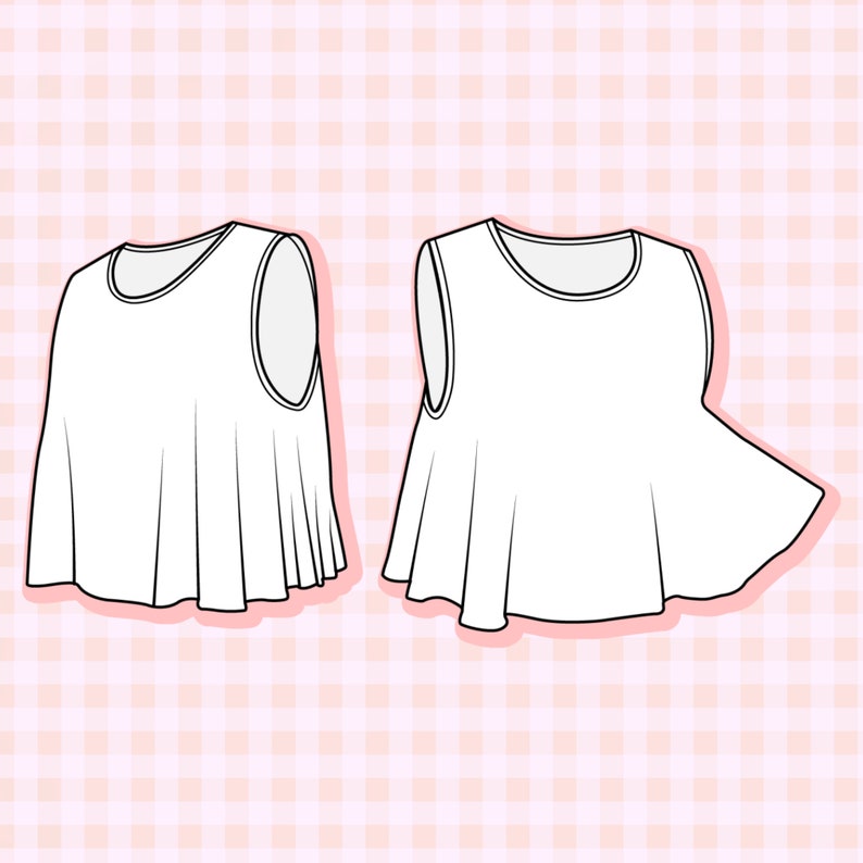 May include: Two sleeveless white tops with a round neckline and a flared hem. The tops are shown against a pink and white gingham background.