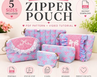 PDF Sewing Pattern – Zipper Pouch | Cosmetic Bag | 5 Sizes + Step-by-Step Video Tutorial