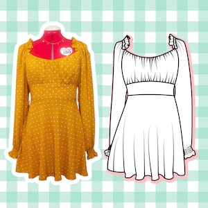 Gathered dress sewing pattern, shirred back dress, shirred sleeve with ruffle, circular bottom. Emma dress. XS - XXL Digital pattern PDF
