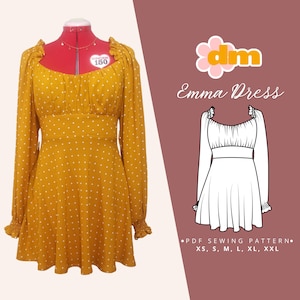 Damenkleid Schnittmuster: Milchmädchenkleid, lange Puffärmel, geraffte Manschette und Rückenteil, XS-XXL (PDF digitaler Download)