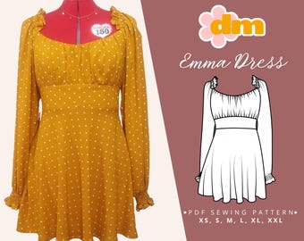 Patrón de costura de vestido de mujer: vestido de lechera, manga larga abullonada, puños y espalda fruncidos, talla XS-XXL (descarga digital en PDF)