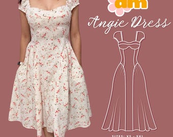 Patrón de costura de Vestido largo con corpiño y manga corta abullonada. XS-5XL. Patrón digital. Vestido Angie.