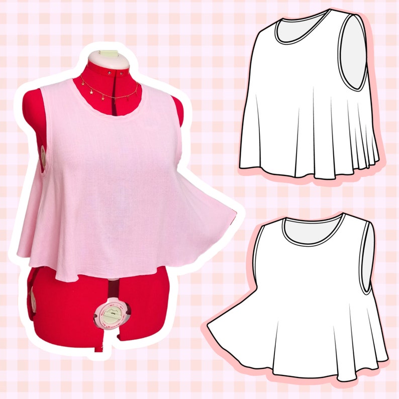 May include: Two sleeveless tops, one pink and one white, with a ruffled hem. Both tops have a round neckline.