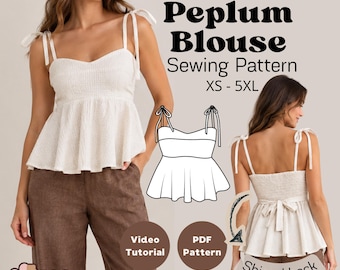 Peplum Blouse Sewing Pattern: Shirred Back, Circular flared, Sizes XS-5XL (PDF Pattern). Video Tutorial. Peplum Top.
