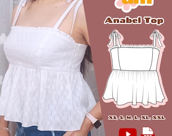 Peplum Top Sewing Pattern: Babydoll Tie-Strap Blouse (PDF Digital Pattern XS-XXL)
