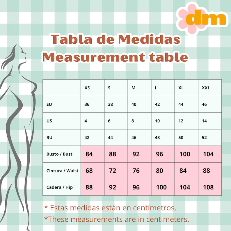 May include: A size chart in English and Spanish for women's clothing. The chart shows measurements in centimetres for bust, waist, and hips in sizes XS, S, M, L, XL, and XXL. The chart also shows equivalent sizes in EU, US, and RU.