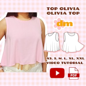 May include: A pink sleeveless top with a ruffled hem. The top is shown on a model. The image also includes a line drawing of the top in white, a logo with the text "dm", and the text "TOP OLIVIA OLIVIA TOP XS, S, M, L, XL, XXL VIDEO TUTORIAL PDF".