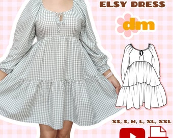 Patrón de costura para vestido estilo babydoll: estilo boho con mangas largas escalonadas (patrón digital)