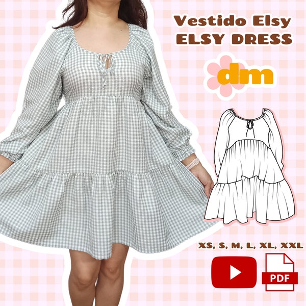 Gathered dress sewing pattern, Babydoll, boho-style, picnic, long sleeve,  elastic cuff, tiered dress. Elsy dress. XS - XXL Digital pattern