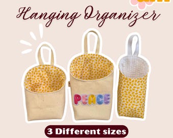 Patrón de costura para organizador colgante, 3 tamaños, con asa. Instrucciones en PDF y videotutorial.