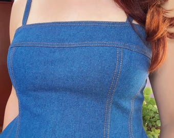 Patrón de costura de vestido vaquero, vestido evasé con tirantes, vestido largo con bolsillos y cremallera metálica. Vestido Kylie. XS-XXL.