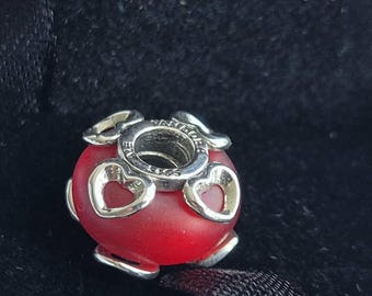 Pandora Red Glass Bracelet Charm with Silver Hearts