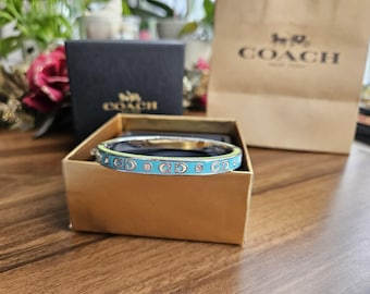 Vintage COACH Blue Enamel Bangle Bracelet Crystal Logo Designer Gift Boxed