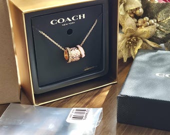 Vintage Coach Gold Tone Pendant Necklace Pink Charm Crystal Logo Gift Ready