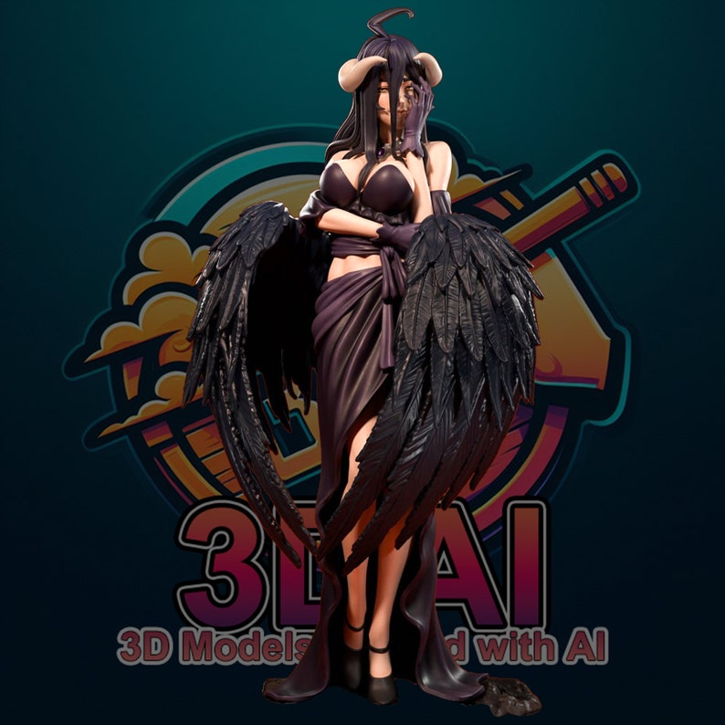 Peut inclure: Une figurine imprim&eacute;e en 3D d'un personnage f&eacute;minin avec des ailes noires, de longs cheveux noirs et une robe violette fonc&eacute;e. Le personnage se tient la main au visage et a une expression s&eacute;rieuse. La figurine est pos&eacute;e sur une base noire.