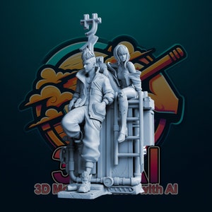 May include: A gray 3D-printed figurine of a futuristic couple. The male figure leans against a structure with pipes and a ladder, while the female figure sits above. The structure has Japanese characters on top. The background has a logo with the text "3D Made with AI".
