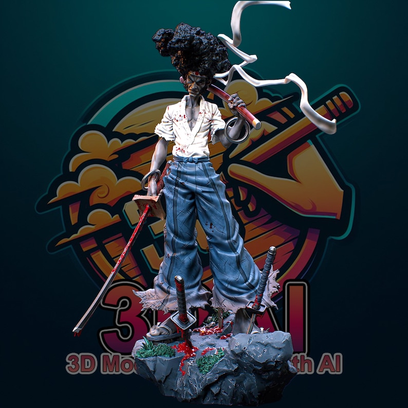 May include: A 3D printed figurine of a samurai with an afro hairstyle, wearing a white shirt and blue trousers, holding a sword. The figurine is standing on a rocky base with blood splatters around it. The background features a stylized graphic of a hand holding a paintbrush.