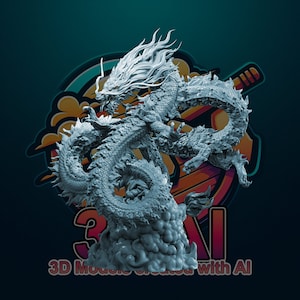 May include: A detailed 3D printed model of a gray dragon with a long tail and sharp claws. The dragon is posed in a dynamic stance, with its wings spread wide. The model is set against a colorful background with the text "3D Models Created with AI".