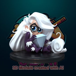 May include: A 3D model of a cartoon character with white hair, wearing a purple and white outfit, holding a large, light blue diamond. The figure is on a black circular base. Text at the bottom reads "3D Models created with AI".