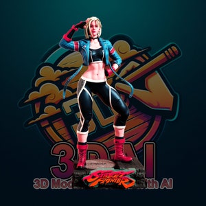 以下が含まれることがあります： ストリートファイタービデオゲームシリーズの女性キャラクターの3Dプリントフィギュア。キャラクターは青と赤のジャケット、黒いパンツ、赤いブーツを着用しています。フィギュアはストリートファイターのロゴが付いたベースの上に立っています。