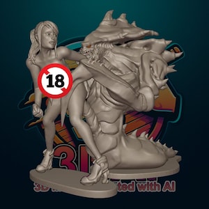 May include: A gray 3D printed figurine of a woman fighting a monster. The woman is wearing a short skirt and boots. The monster is large and has sharp teeth and claws. The figurine is on a base with the text "3D printed with AI".