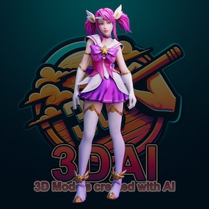 May include: A 3D model of a female anime character in a pink and purple outfit. The character has pink hair, white gloves, and boots with gold accents. The background features a logo with the text "3DAI" and "3D Models created with AI."