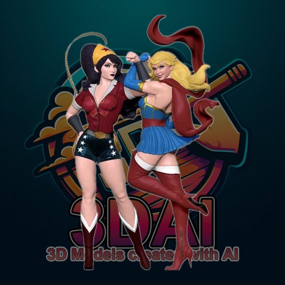 Wonderwoman and Supergirl STL Model for 3D Printing - 3D Printable 2 SuperHero STL Figure Model - Wonderwoman Figure Supergirl Figure STL