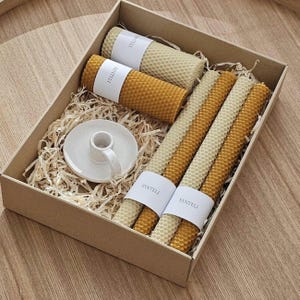Personalized Beeswax Candle Set with Ceramic Candle Holders | Eco-Friendly Gift Set | Honey Candles | Candle Gift Set | Mother&#39;s Day gift