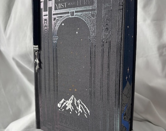 Könnte beinhalten: Ein graues Hardcover-Buch mit einem silbernen Prägedesign eines Torbogens mit Sternen und Bergen. Der Titel "A Court of Mist and Fury" ist auf dem Einband gedruckt.