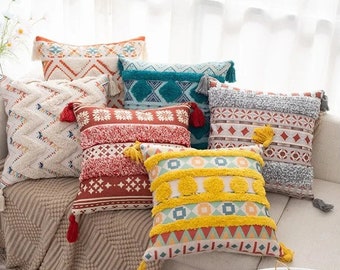 Housse d’oreiller en coton tissé à la main | Oreiller d’accent de canapé de style Boho, coussin artisanal pour lit ou canapé