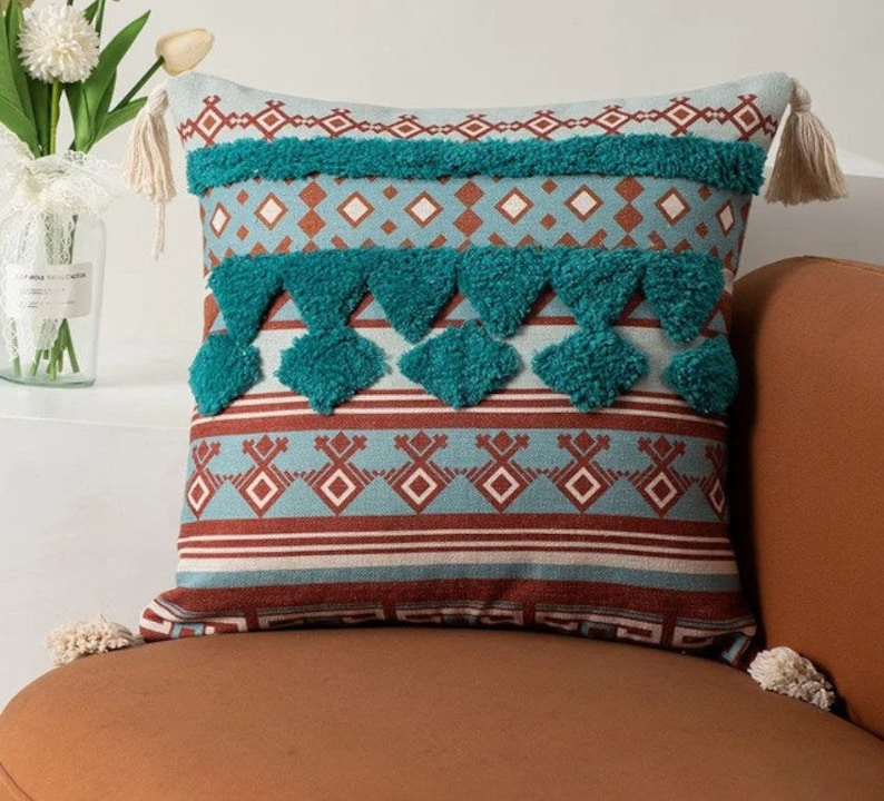 Housse doreiller en coton tissé à la main Oreiller daccent de canapé de style Boho, coussin artisanal pour lit ou canapé couleur 4