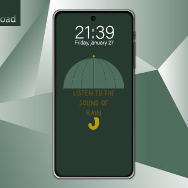 Abstract umbrella phone wallpaper with Listen to the sound of rain text| Green umbrella with bright yellow handle wallpaper digital download