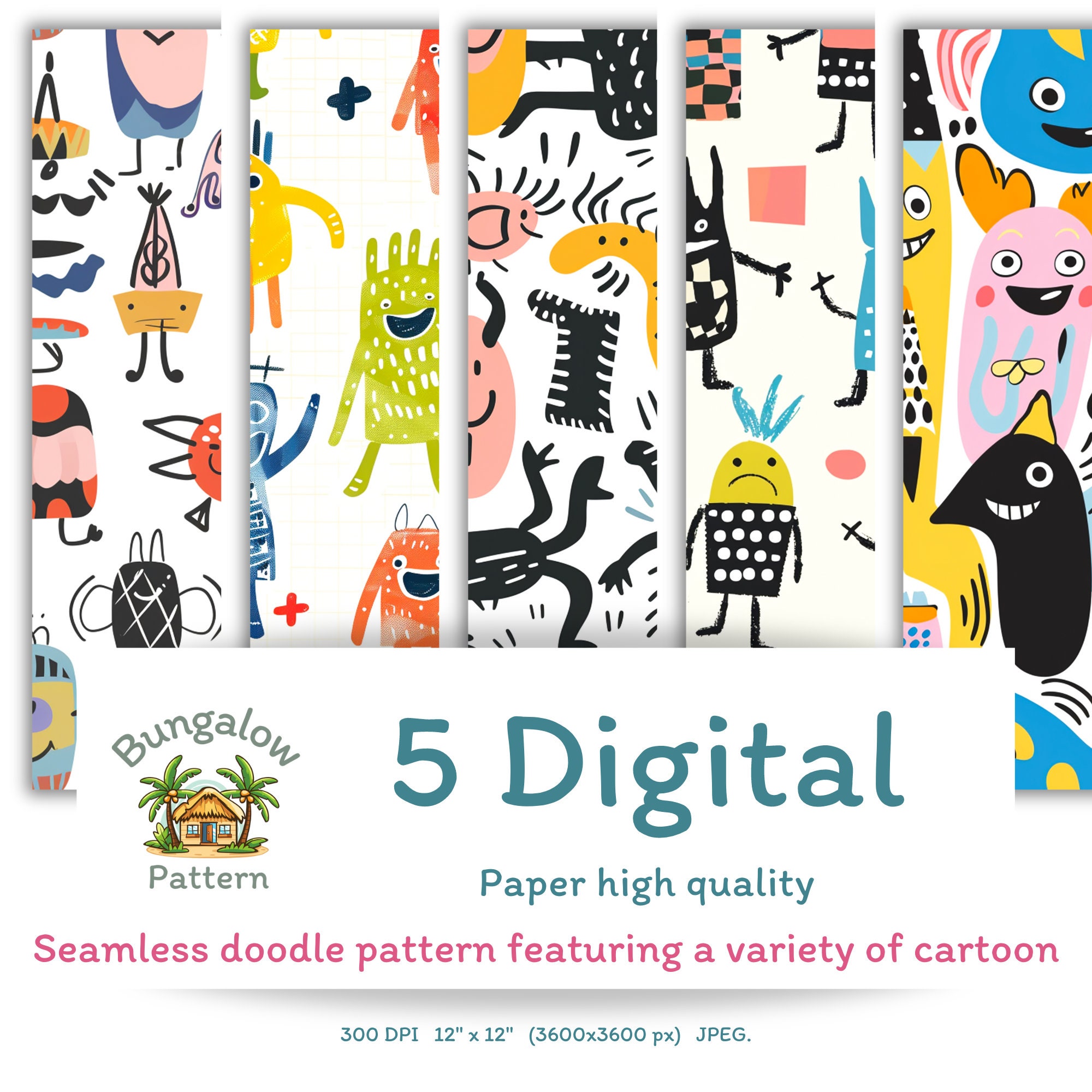Cartoon Doodle Seamless Pattern, Gift for Mom, Fabric Prints, Cartoon ...
