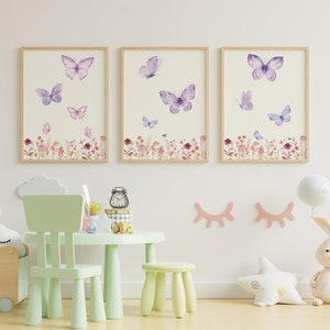 Printable Floral Wall Art, Wildflowers and Butterflies Set Of 3 Prints, Pink Butterfly Decor, Wall Art for Home,  Floral Wall Art Printable