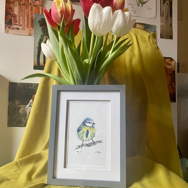 Blue Tit Painting 001 of the Bird Series, original water colour painting, stand alone frame wall hanging, INCLUDES FRAME