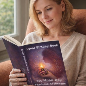 May include: A woman reading a book titled "Lunar Birthday Book." The book cover features an illustration of a woman holding a lamp, with text that reads "1st Moon Day Feminine Archetype."