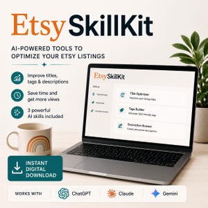 May include: A laptop displays the Etsy SkillKit interface, a digital tool for optimizing Etsy listings. The screen shows features like title optimization and tag generation. A mug with a rainbow design and the text "Instant Digital Download" are also visible.