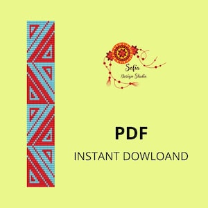 May include: A digital PDF download featuring a geometric design in red and light blue. The pattern has a repeating zigzag motif. The text "PDF" and "INSTANT DOWNLOAD" are in black. The Sofia Design Studio logo is also visible.
