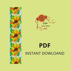 May include: A digital PDF pattern with a sunflower design. The pattern features yellow, orange, and brown sunflowers on a white background. The text "PDF" and "INSTANT DOWNLOAD" are also displayed on a light green background.