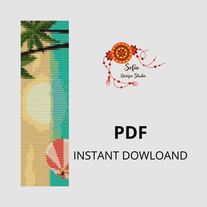 Könnte beinhalten: Ein digitaler PDF-Download mit einer pixeligen Strandszene mit einer Palme, dem Ozean und einem Heißluftballon. Das Bild enthält den Text "PDF" und "SOFORTIGER DOWNLOAD" unter dem Logo "Sofia Design Studio".