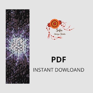 Op de afbeelding: Een digitale PDF-download met een mozaïekpatroon in paars, wit en zwart. Het ontwerp is een verticale rechthoek met een lichter centraal patroon. De tekst "PDF" en "INSTANT DOWLOAND" staan eronder. Het logo van Sofia Design Studio staat rechtsboven.