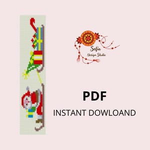 May include: A cross-stitch pattern featuring a Santa Claus design with a kite and gifts. The design is in red, green, yellow, and blue. The text "PDF" and "INSTANT DOWNLOAD" are also visible.