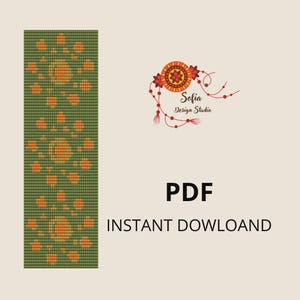 Op de afbeelding: Een groen en oranje bloemenpatroon. De afbeelding bevat de tekst "PDF" en "DIRECT DOWNLOADEN" in het zwart. Het logo van Sofia Design Studio staat in de rechterbovenhoek. De achtergrond is lichtbeige.