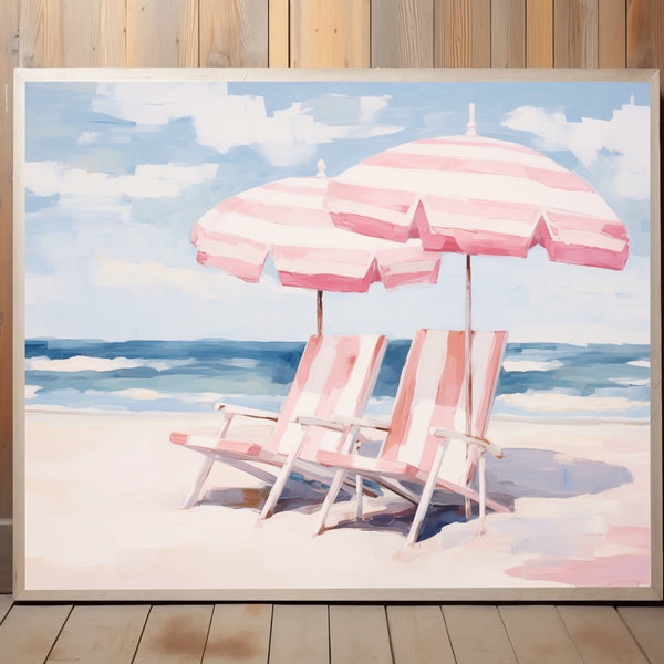 Vintage Coastal Painting, Printable Wall Art, Girly Apartment Decor, Vintage Beach Print, Pink Umbrella Beach Print, Pink Beach Chairs